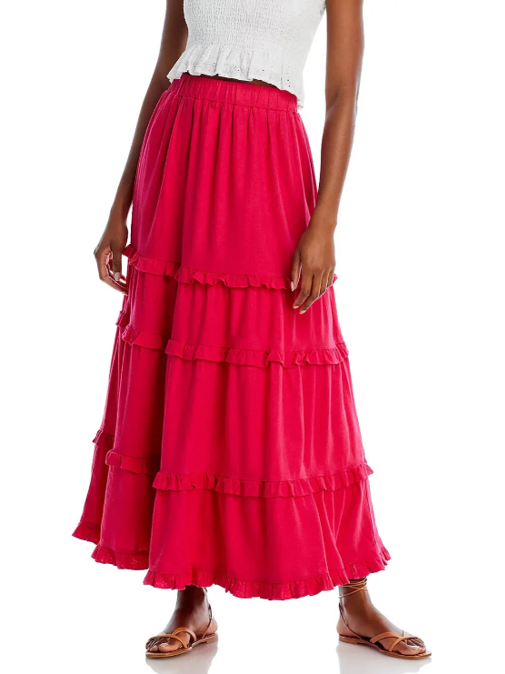 CUPIO WOMENS SIZE XLARGE RUFFLE TIERED LINED MAXI SKIRT BRIGHT ROSE PINK NEW